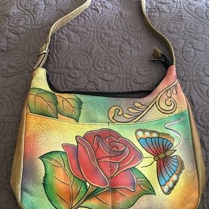 Anuschka Handpainted Colorful Rose Butterfly Tan Leather Hobo Purse